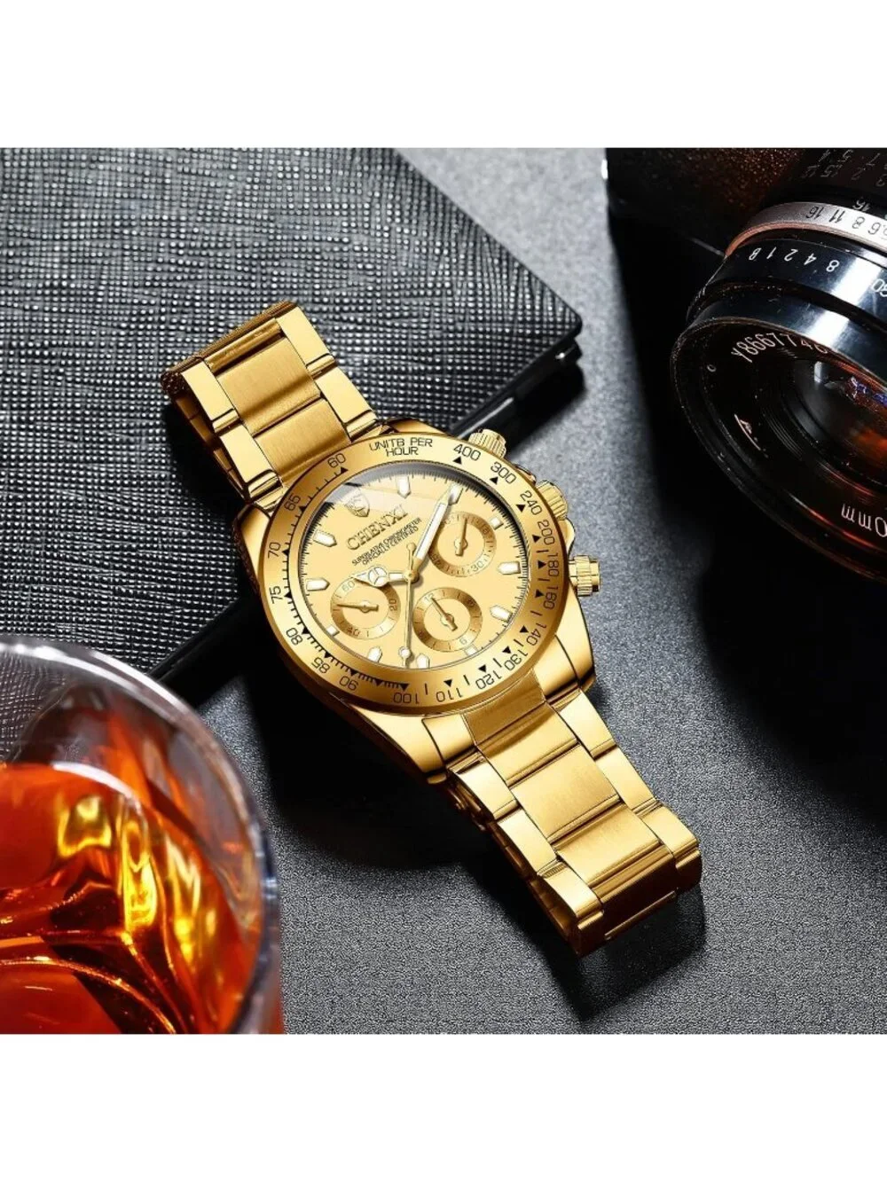 Men's All Gold Analog Quartz Stainless Steel Crystals Classic Style Wrist Watch